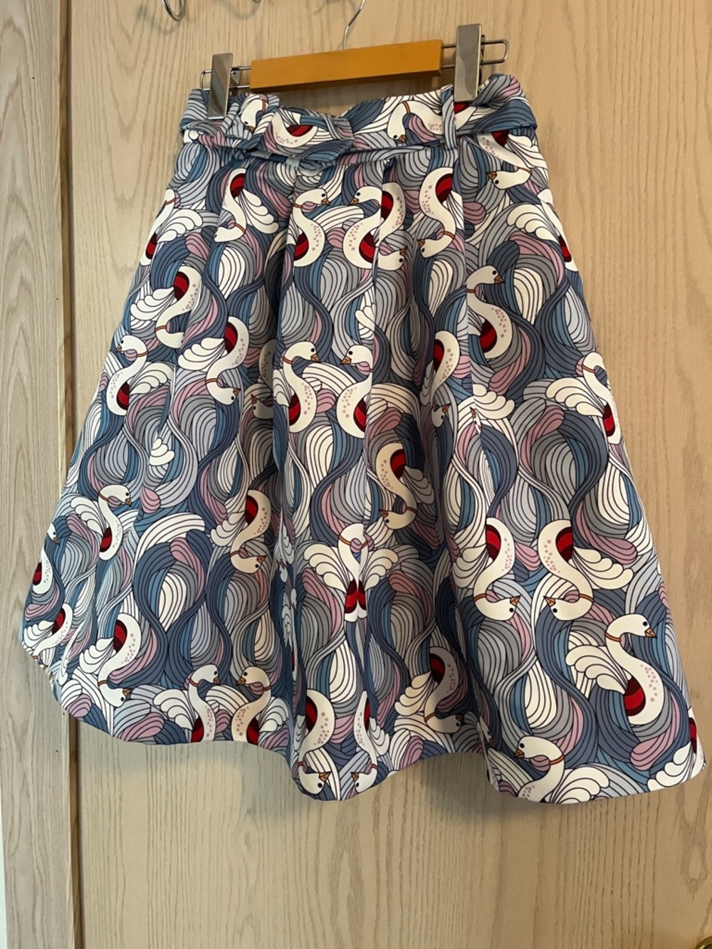 Playful Swan-Print Circle Skirt in Blue & White